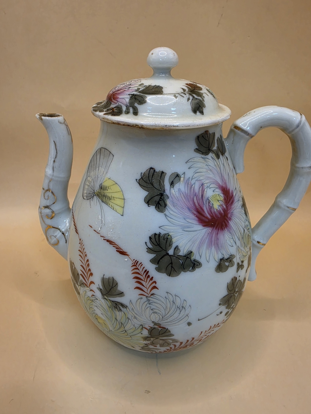 Chinese Porcelain Floral Tea Pot with Pink and Yellow Chrysanthemum